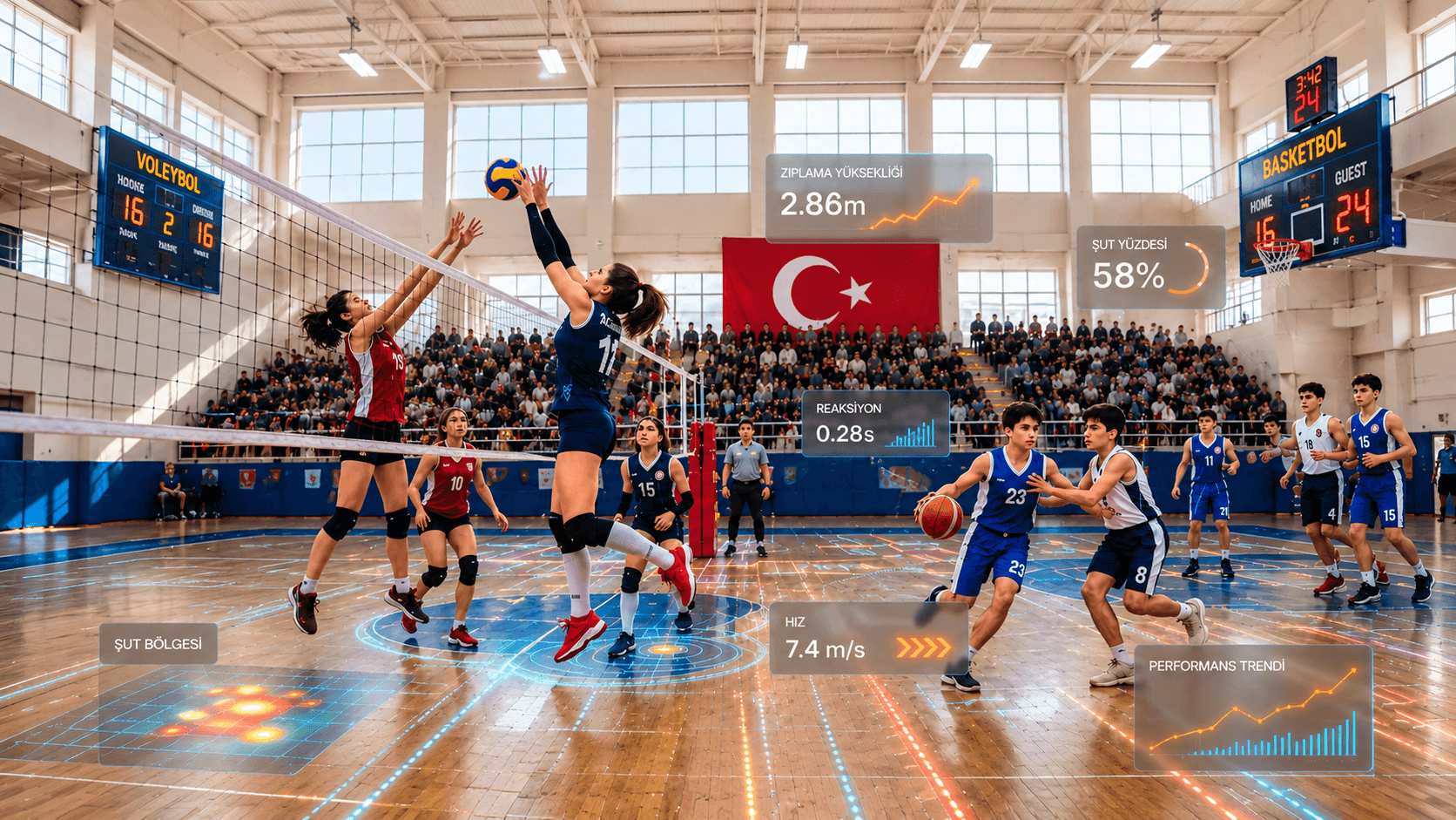 Basketbol ve voleybol maç sahnesi, saha içi performans analitiği